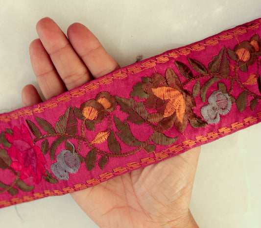 Pink Yellow Floral Embroidered Trim,Indian Fabric Embroidered Border,Pink Floral Lace,Parsi Embroidery Border,Pink Saree Border,Price/mtr