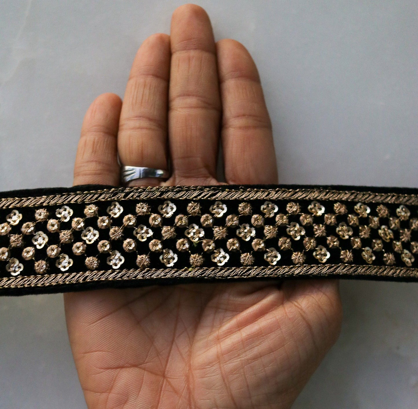 Black Gold Velvet Sequin Trim,Indian Embroidered Border,Black Gold Sequin Lace,Black Velvet Saree Border,Black Sequin Border,Price/mtr