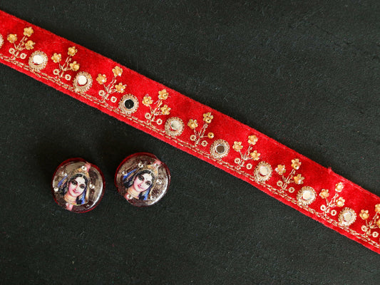 Red Gold Mirror Sequin Trim,Indian Embroidered Border,Red Gold Velvet Floral Lace,Red Velvet Saree Border,Red Mirror Sequin Border,Price/mtr