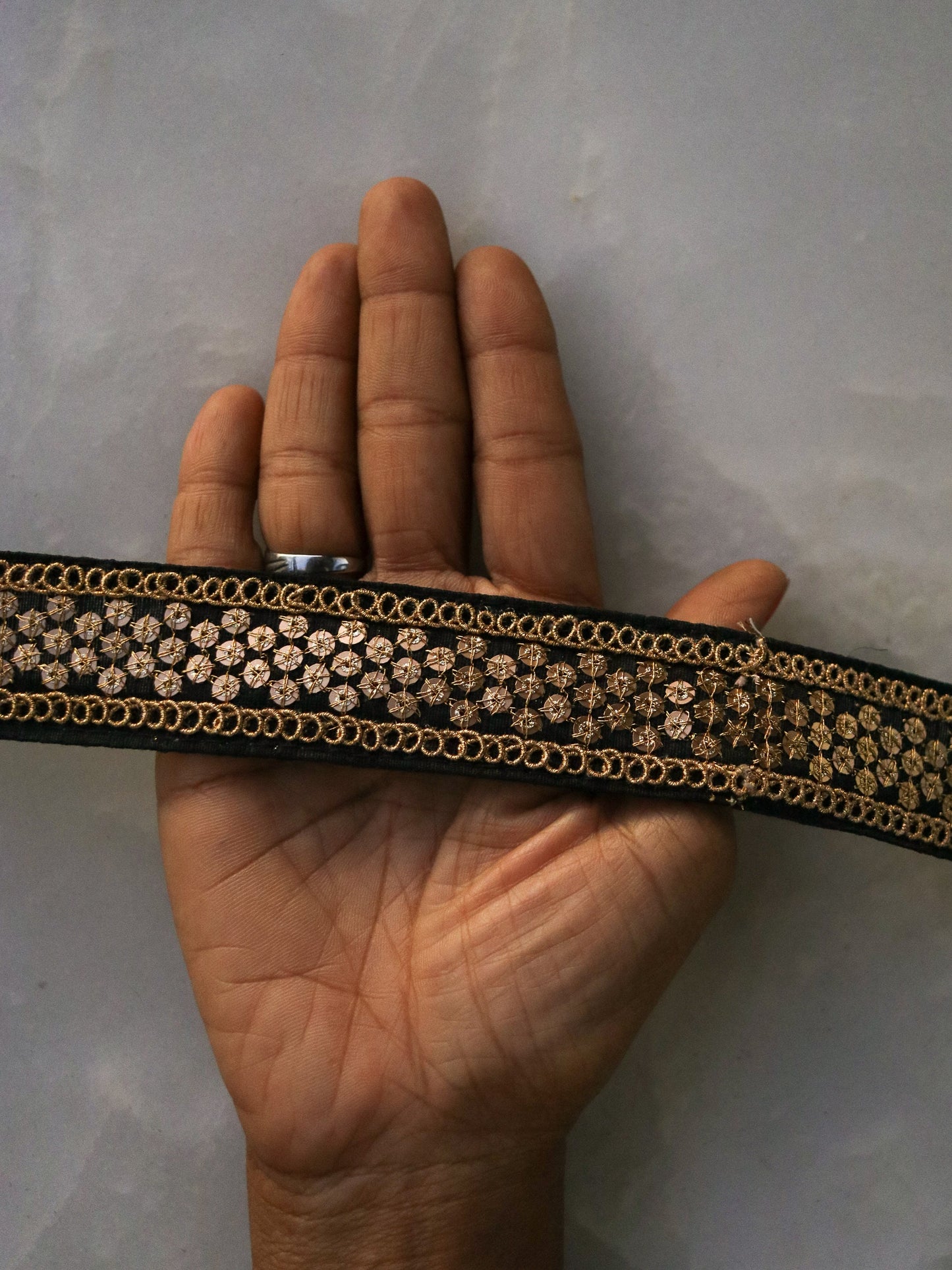 Black Gold Sequin Embroidered Trim,Black Gold Sequin Border,Indian Trim,Black Floral Lace,Black Saree Border,Indian Fabric Trim,Price/mtr