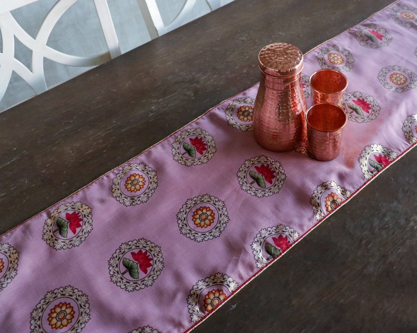 Navya – Pink Floral Table Runner,Handmade Pink Table Runner,Indian Festive Décor,Lotus Print Table Cloth,Pink Designer Floral Silk Runner