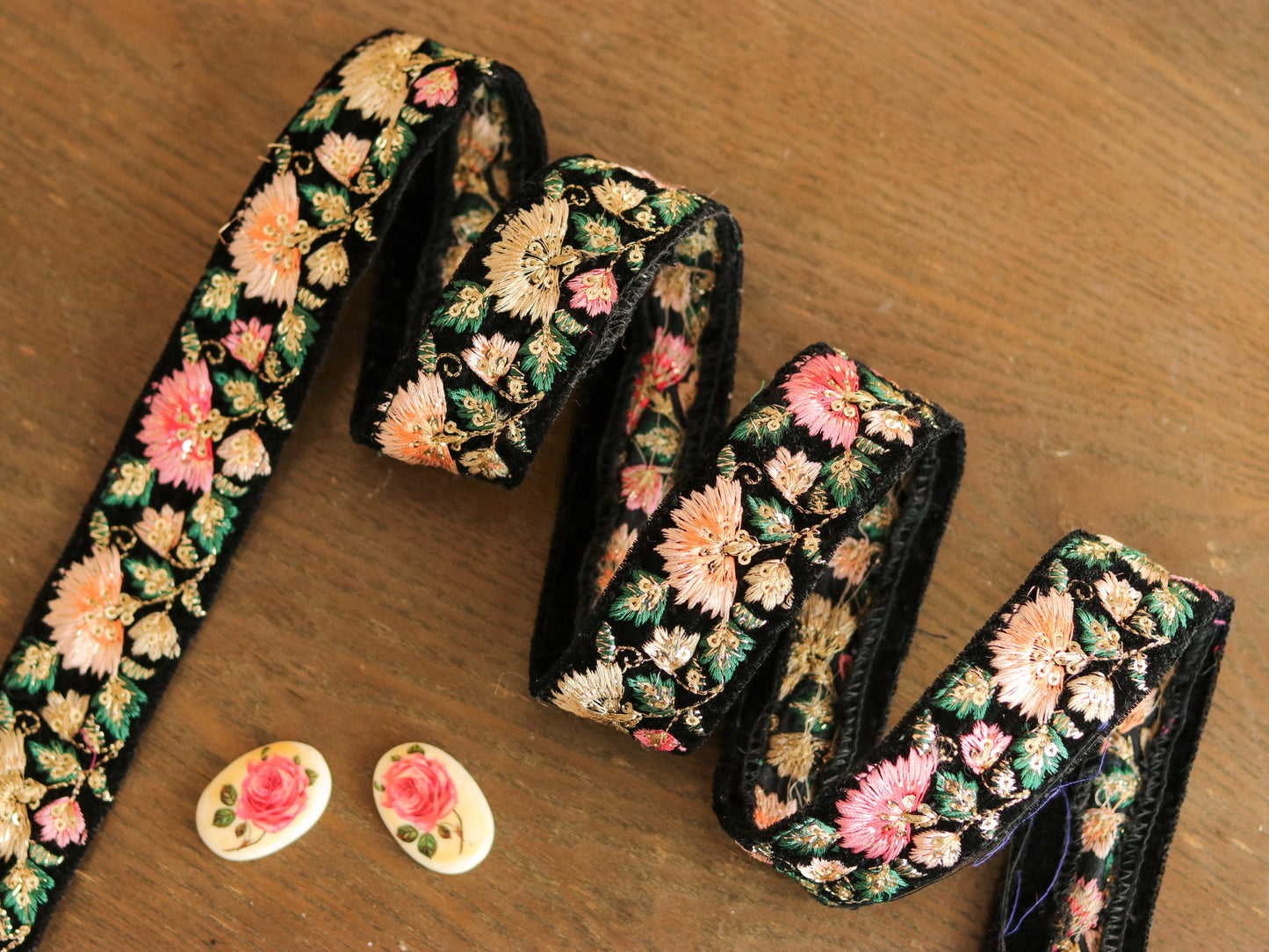 Black Velvet Floral Embroidered Trim,Indian Fabric Embroidered Border,Black Pink Floral Lace,Parsi Embroidery,Black Saree Border,Price/mtr