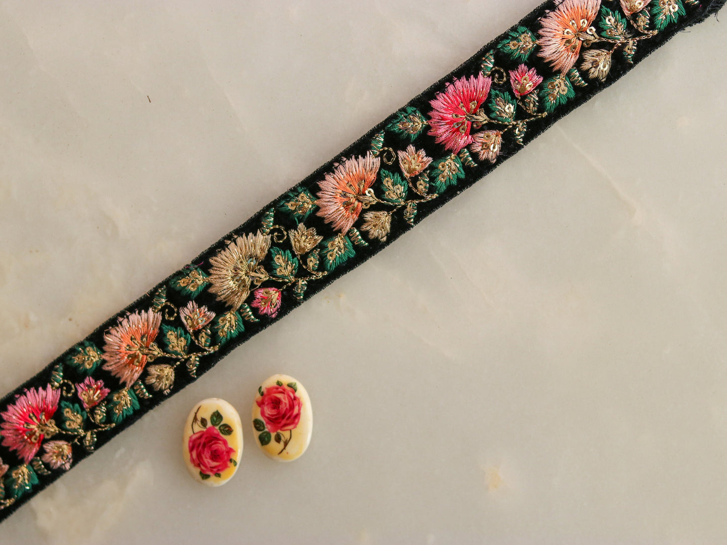 Black Velvet Floral Embroidered Trim,Indian Fabric Embroidered Border,Black Pink Floral Lace,Parsi Embroidery,Black Saree Border,Price/mtr