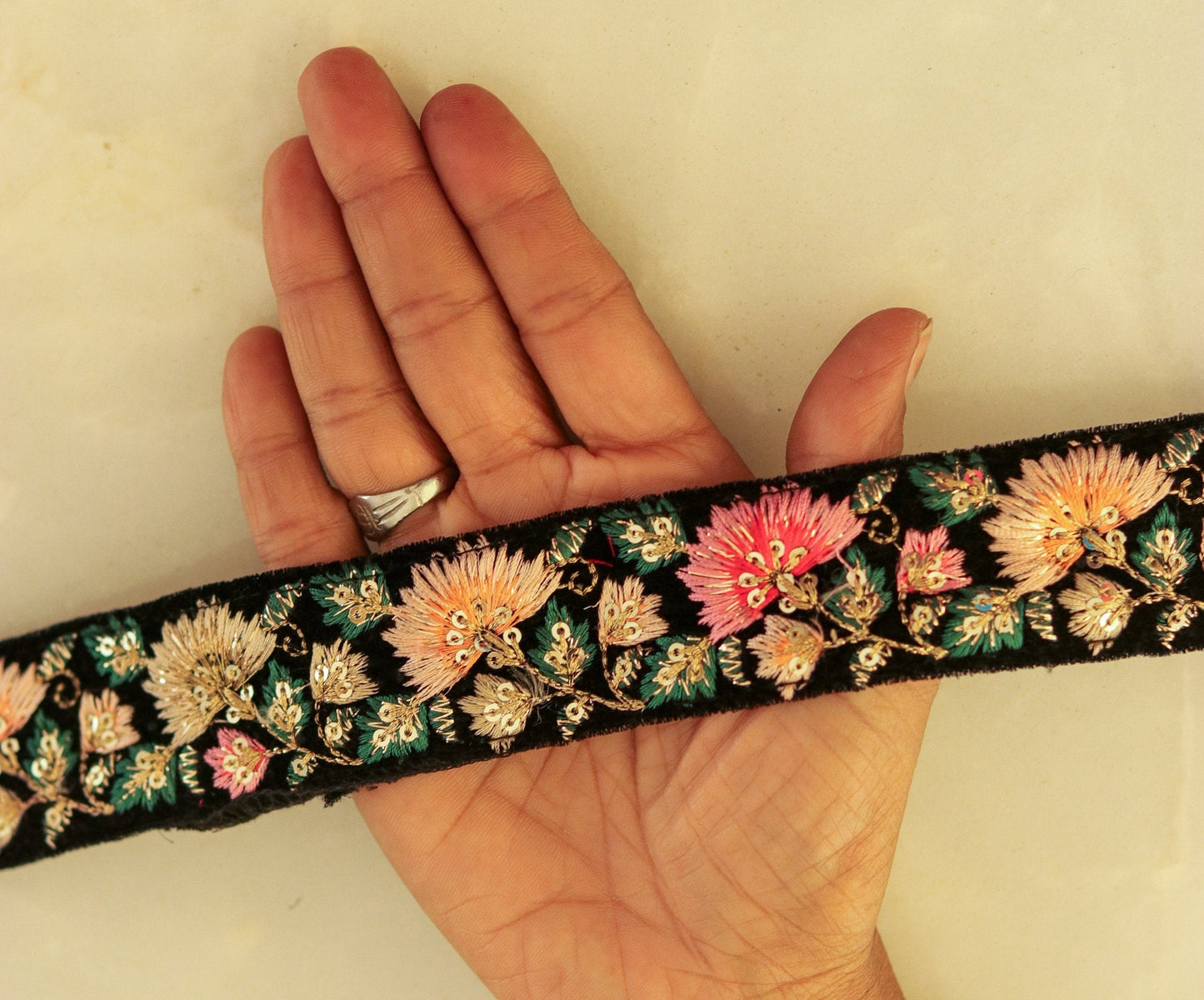 Black Velvet Floral Embroidered Trim,Indian Fabric Embroidered Border,Black Pink Floral Lace,Parsi Embroidery,Black Saree Border,Price/mtr