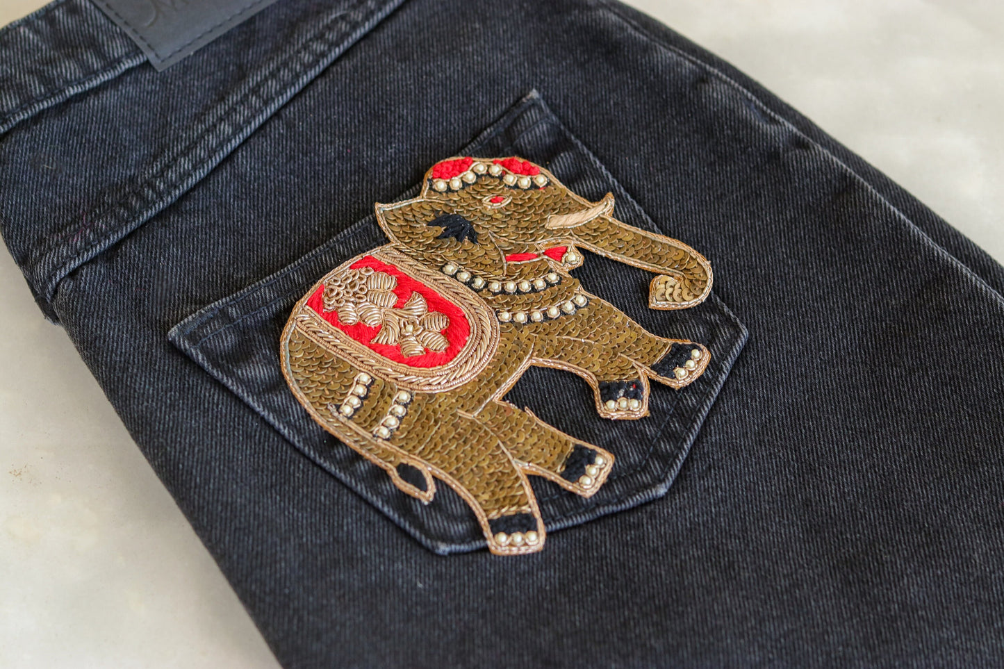 Gold Red Elephant Embroidered Patch,Handmade embroidered applique,Sequin Elephant Patch,Animal patch,Denim Patch,Sew on applique,DIY Patch