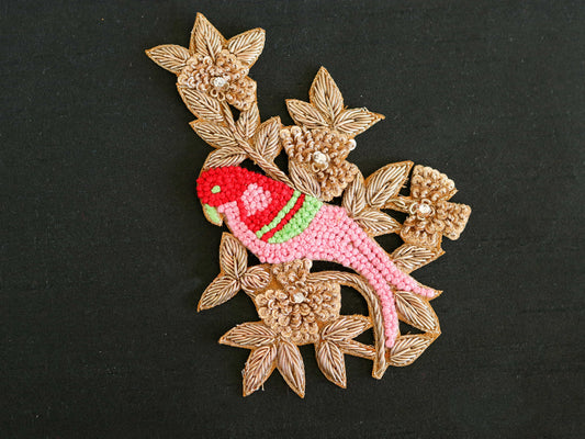 Pink Gold Parrot embroidered patch,Handmade embroidered applique,Pink Gold bird patch,Costume Denim Patch,Sew on applique,DIY Patch