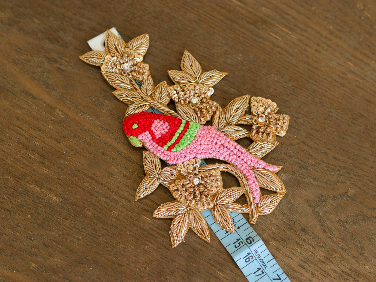Pink Gold Parrot embroidered patch,Handmade embroidered applique,Pink Gold bird patch,Costume Denim Patch,Sew on applique,DIY Patch