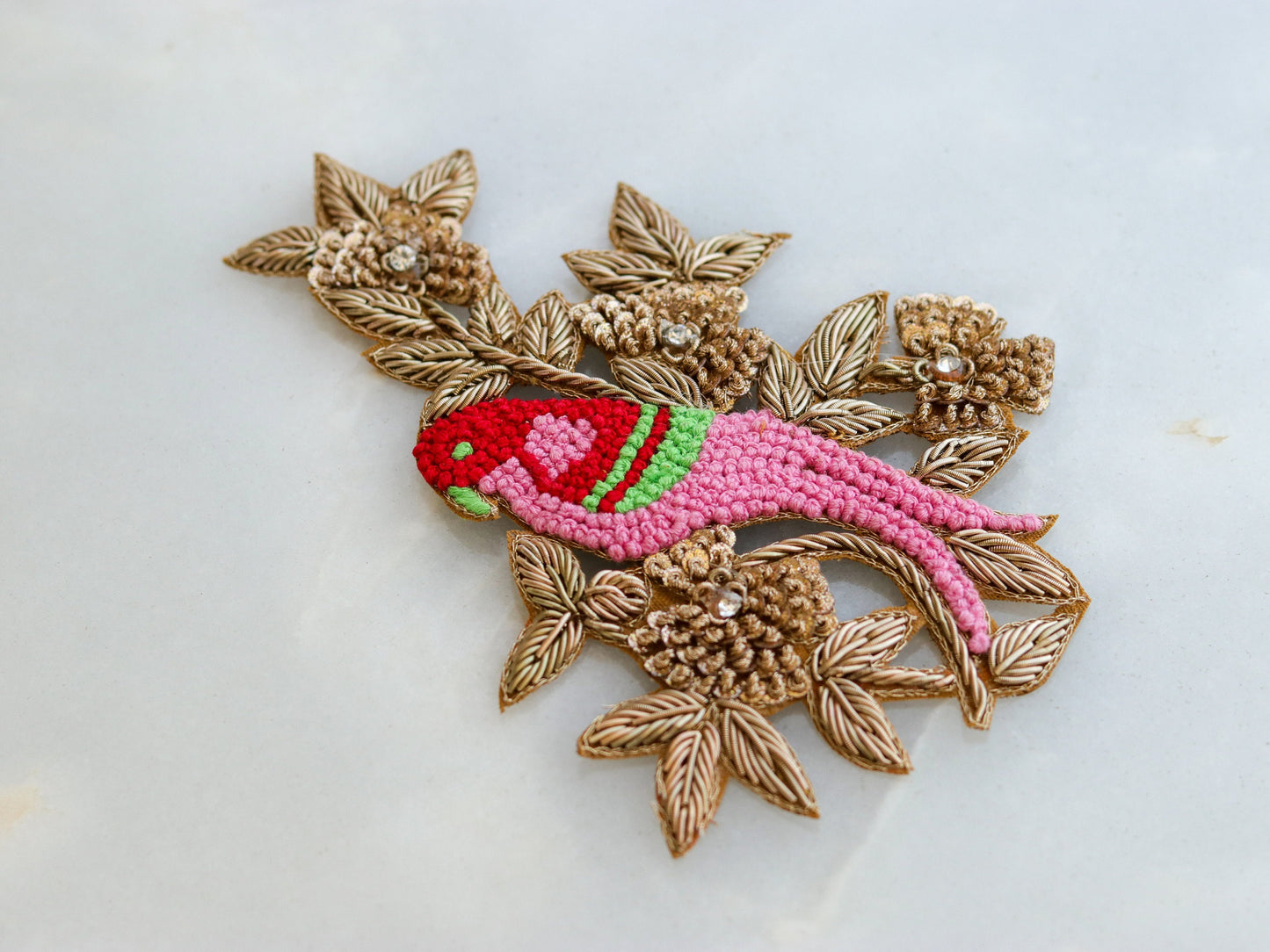 Pink Gold Parrot embroidered patch,Handmade embroidered applique,Pink Gold bird patch,Costume Denim Patch,Sew on applique,DIY Patch