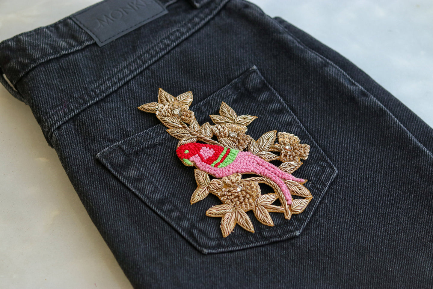 Pink Gold Parrot embroidered patch,Handmade embroidered applique,Pink Gold bird patch,Costume Denim Patch,Sew on applique,DIY Patch