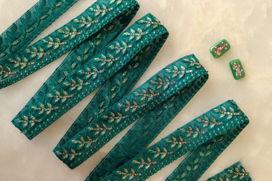 Green Net Sequin Embroidered Trim,Green Gold Net Border,Leaf Embroidery Lace,Indian Trim,Green Saree Border,Price/mtr