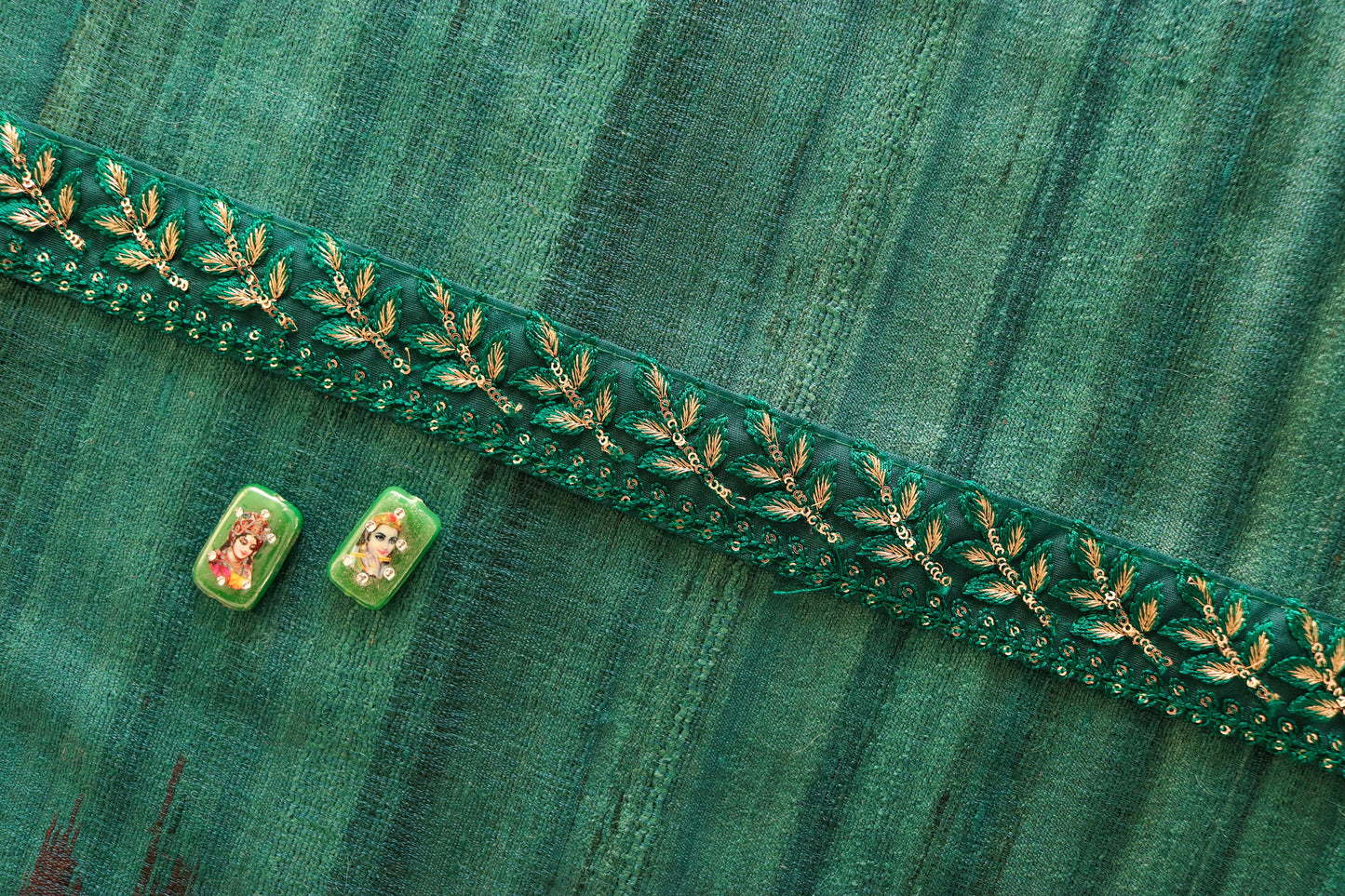 Green Net Sequin Embroidered Trim,Green Gold Net Border,Leaf Embroidery Lace,Indian Trim,Green Saree Border,Price/mtr