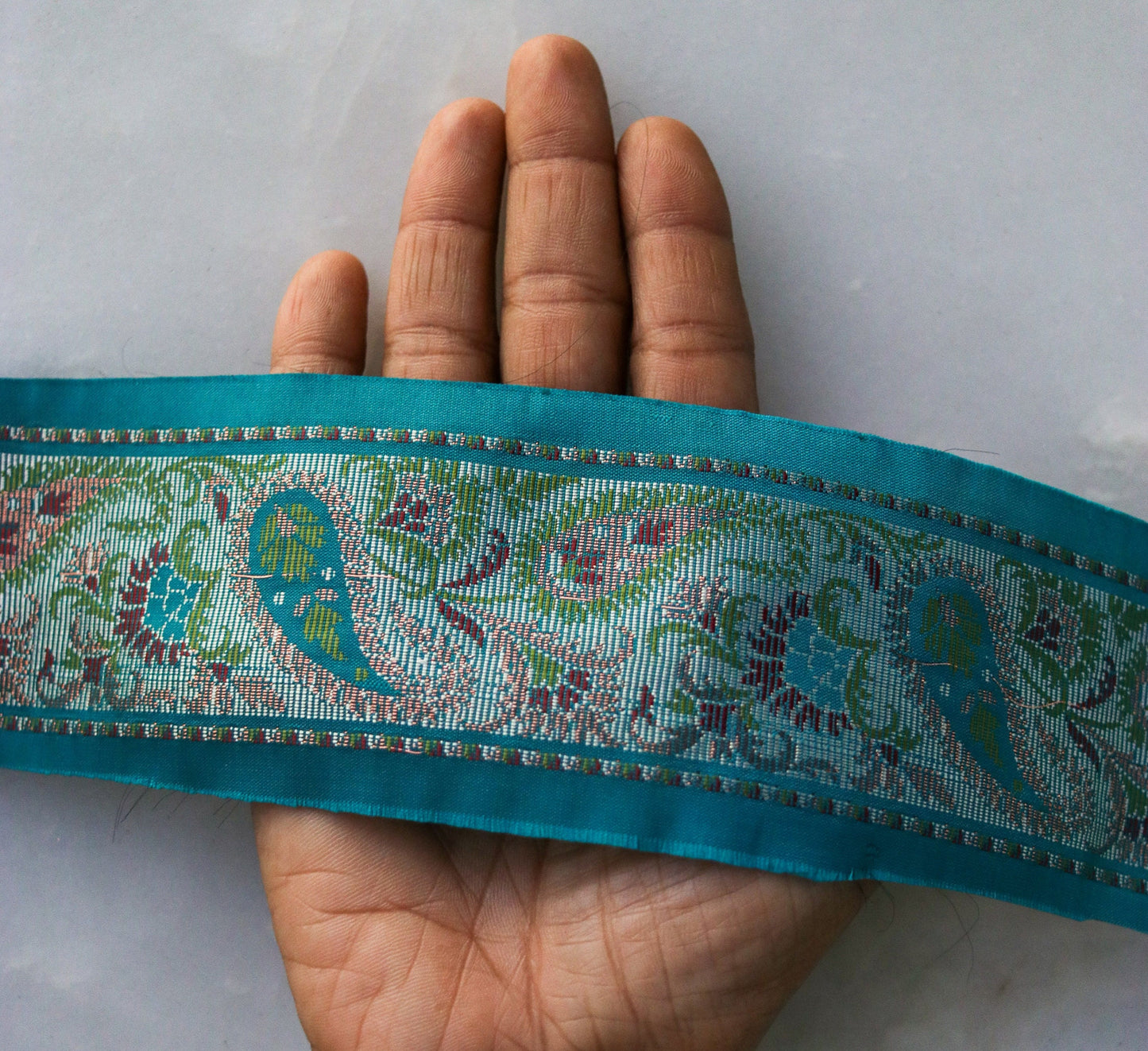 Teal Blue Paisley Banarasi Trim,Brocade Border,Indian Brocade Lace,Vintage Trim,Banarasi Saree Border,Blue Bridal Trim,Price/mtr