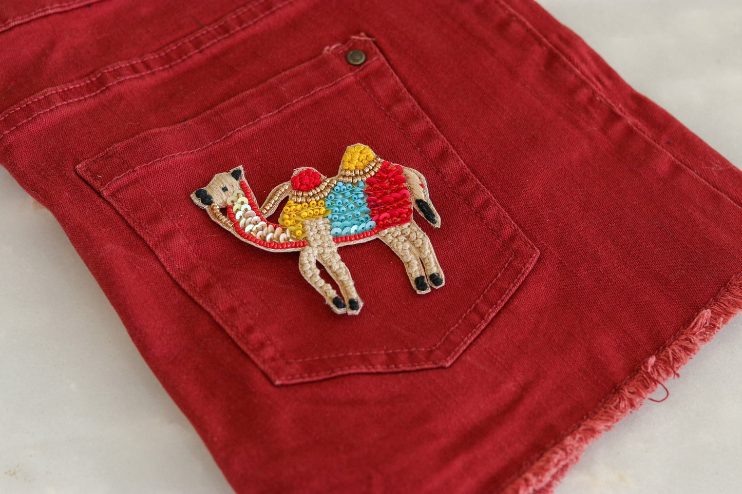 Beige Red Camel Embroidered Patch,Handmade embroidered applique,Animal patch,French Knot Sew on applique,Denim DIY Patch,Christmas supplies