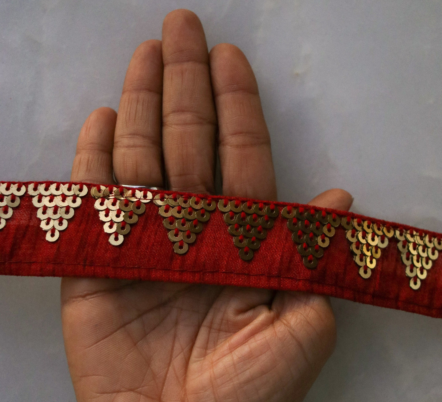 Red Gold Triangle Embroidered Trim,Indian Sequin Border,Red Sequin Lace,Bridal Trim,Fabric Trim,Red Saree Border,Price/mtr