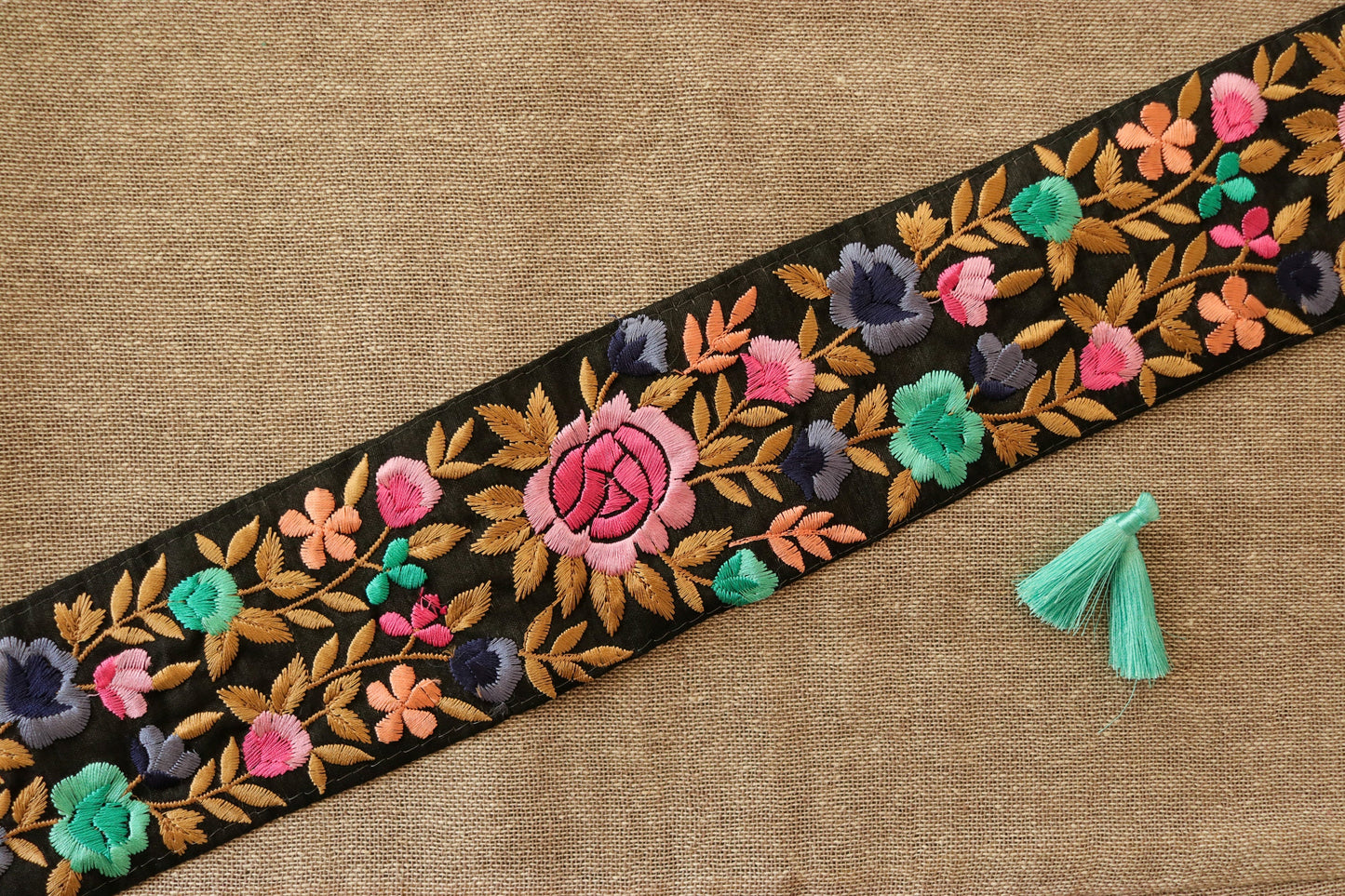 Black Pink Floral Embroidered Trim,Indian Fabric Embroidered Border,Parsi Embroidery Lace,Black Saree Border,Price/mtr