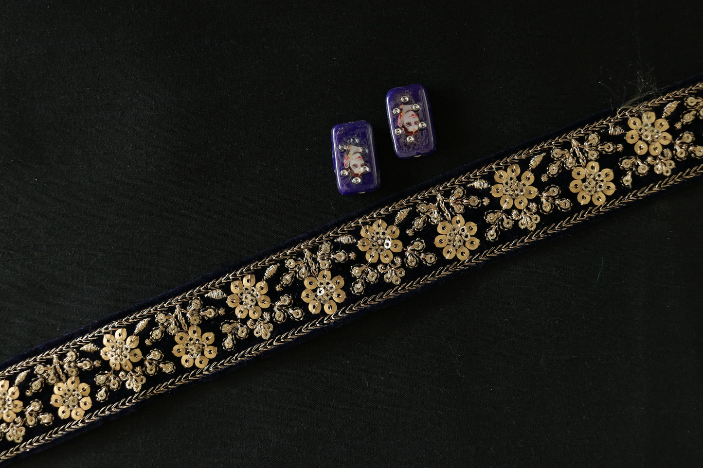 Deep Blue Gold Velvet Trim,Indian Floral Embroidered Border,Blue Gold Floral Lace,Floral Velvet Saree Border,Blue Velvet Border, 75 cm