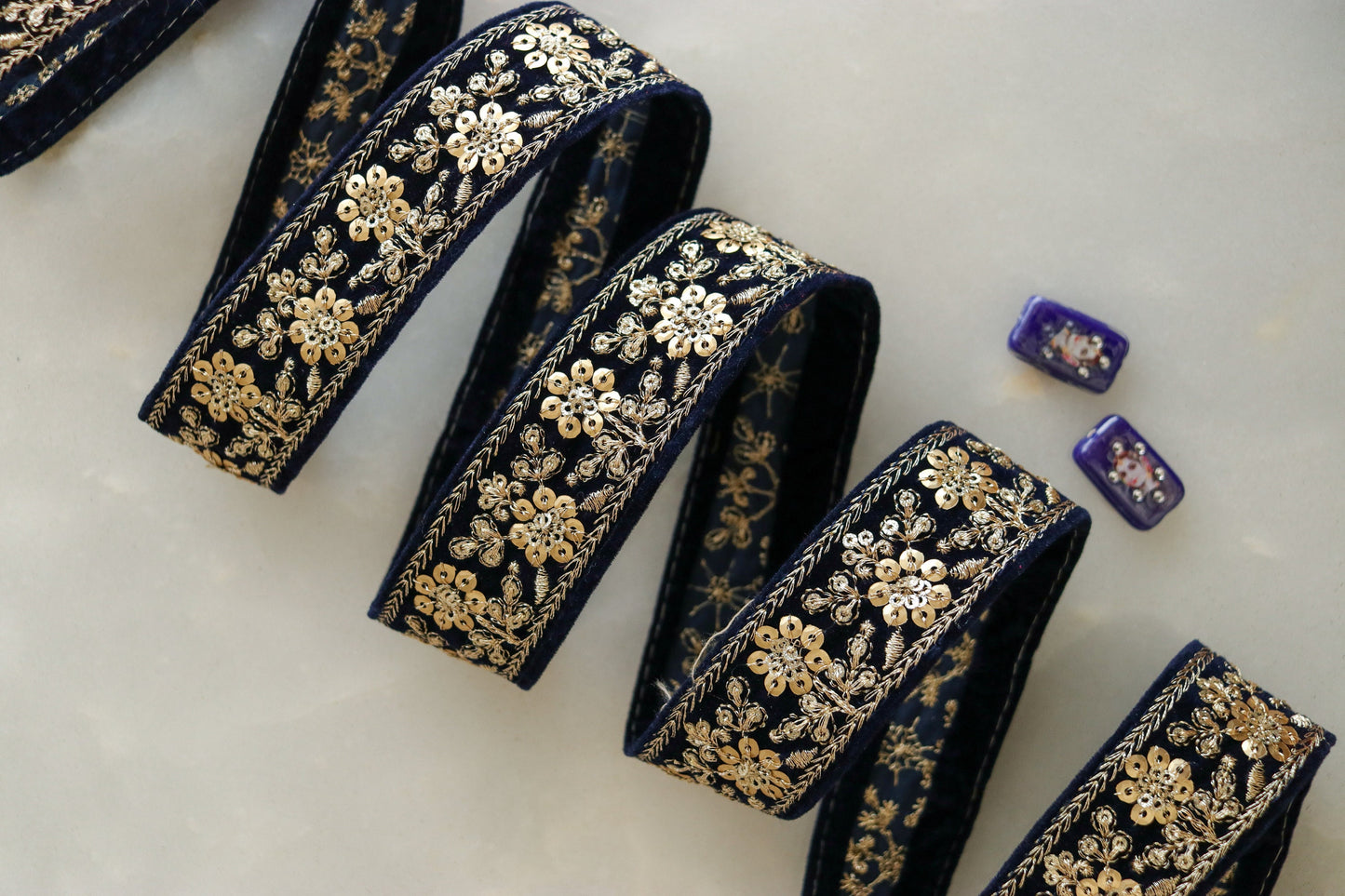 Deep Blue Gold Velvet Trim,Indian Floral Embroidered Border,Blue Gold Floral Lace,Floral Velvet Saree Border,Blue Velvet Border, 75 cm