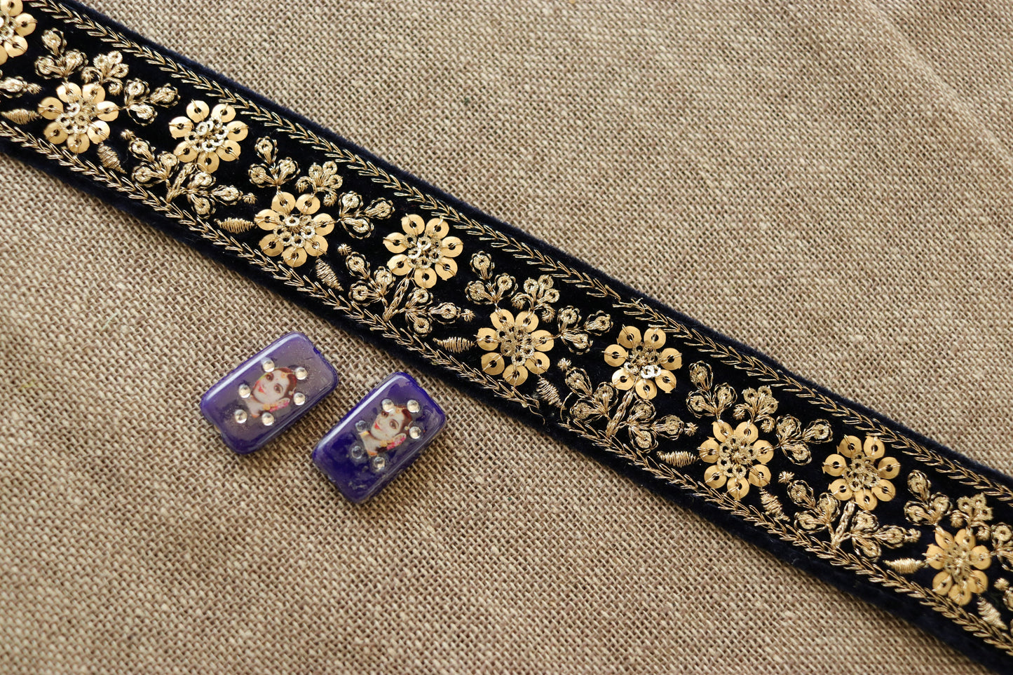 Deep Blue Gold Velvet Trim,Indian Floral Embroidered Border,Blue Gold Floral Lace,Floral Velvet Saree Border,Blue Velvet Border, 75 cm