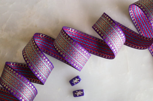 Purple Gold Floral Jacquard Trim,Brocade Paithani Border,Indian Brocade Lace,Purple Gold Paithani Vintage Trim,Purple Saree Border,Price/mtr