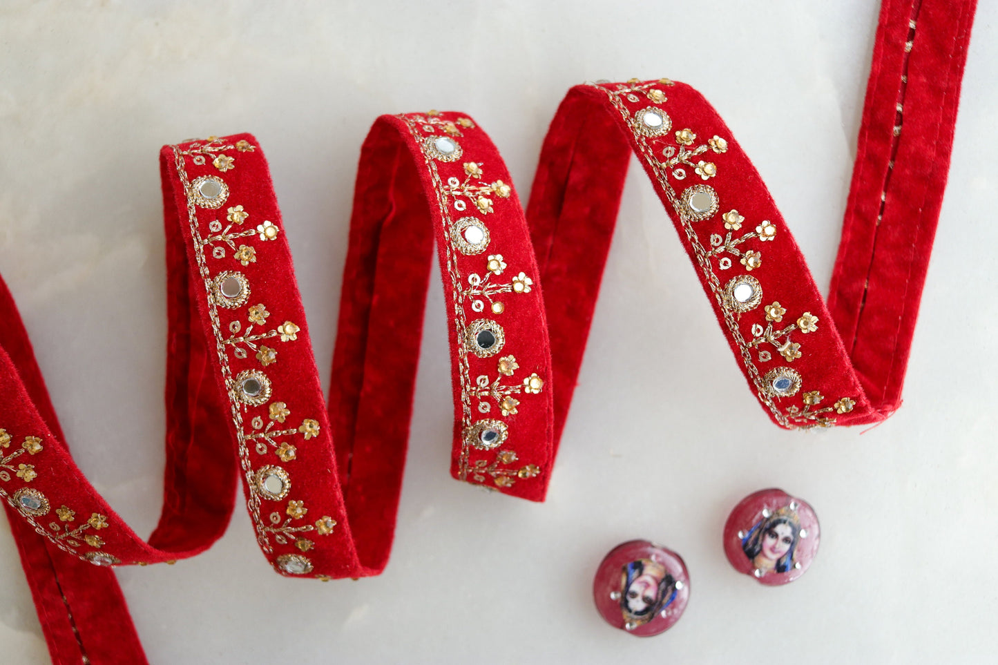 Red Gold Mirror Sequin Trim,Indian Embroidered Border,Red Gold Velvet Floral Lace,Red Velvet Saree Border,Red Mirror Sequin Border,Price/mtr
