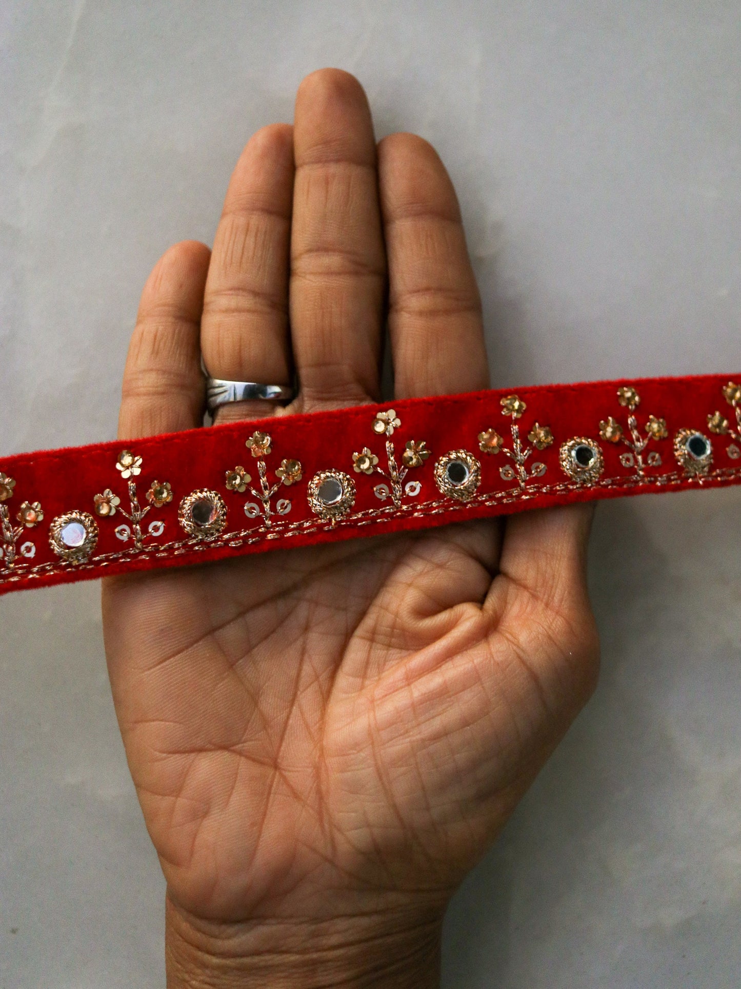 Red Gold Mirror Sequin Trim,Indian Embroidered Border,Red Gold Velvet Floral Lace,Red Velvet Saree Border,Red Mirror Sequin Border,Price/mtr