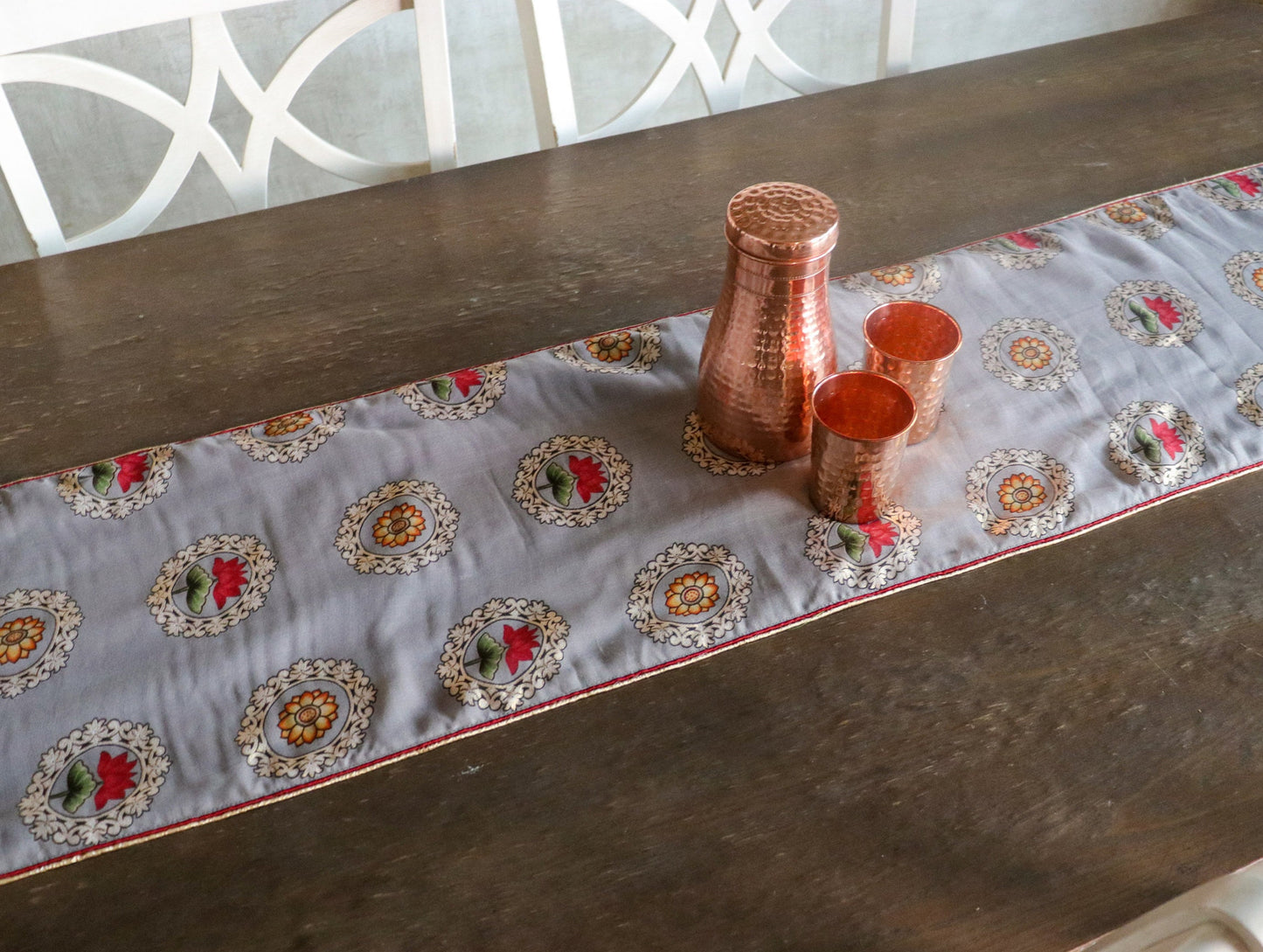 Navya – Grey Floral Table Runner,Handmade Grey Table Runner,Indian Festive Décor,Lotus Print Table Cloth,Grey Designer Floral Silk Runner