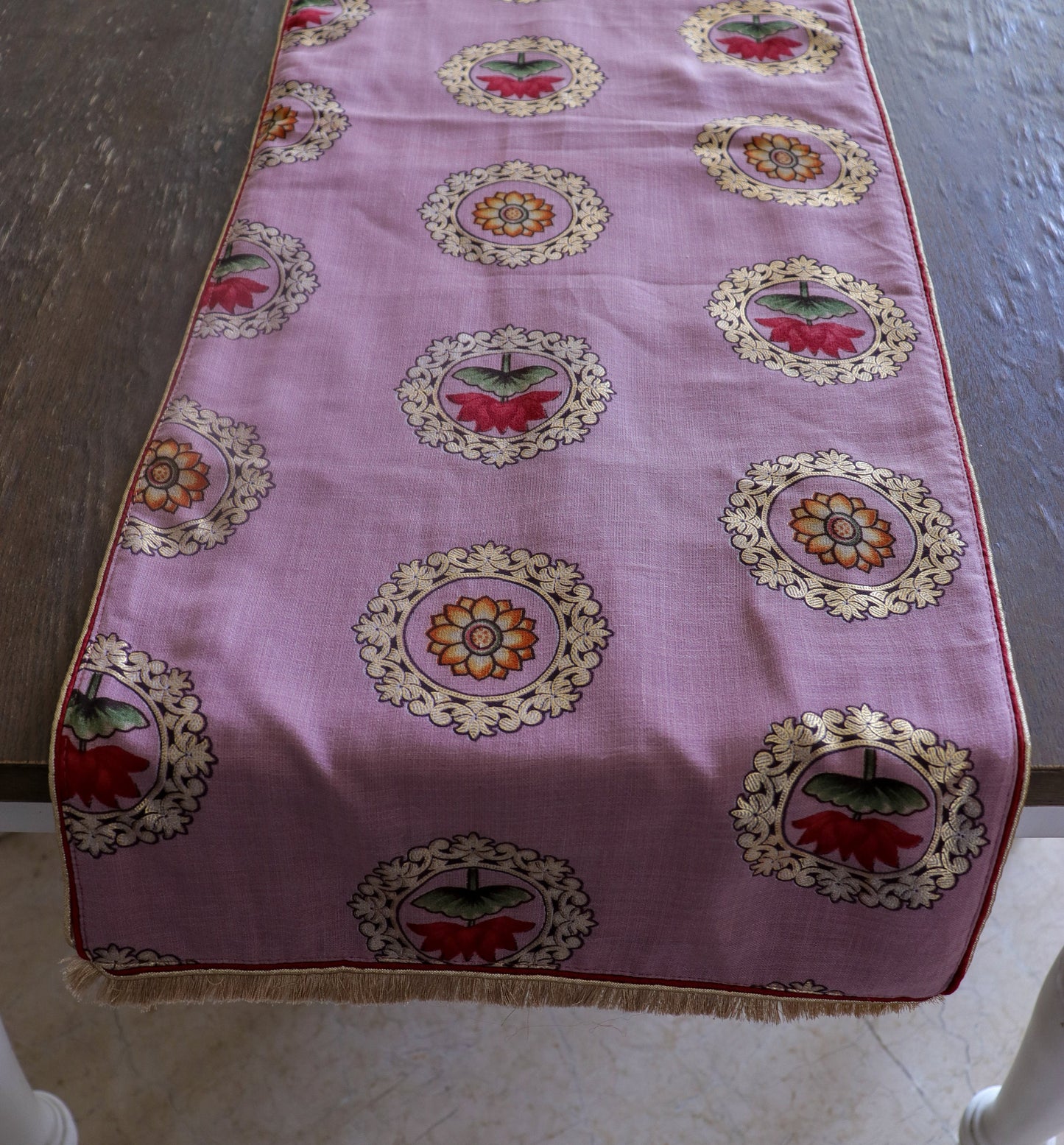 Navya – Pink Floral Table Runner,Handmade Pink Table Runner,Indian Festive Décor,Lotus Print Table Cloth,Pink Designer Floral Silk Runner
