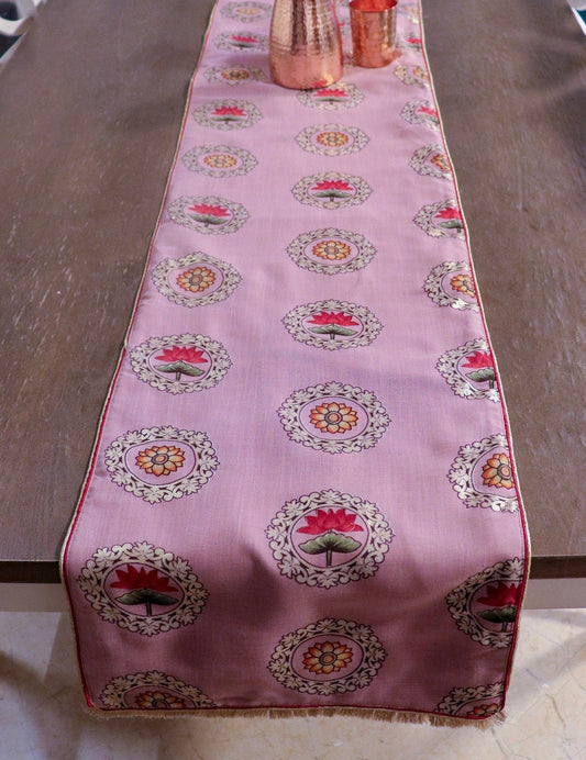 Navya – Pink Floral Table Runner,Handmade Pink Table Runner,Indian Festive Décor,Lotus Print Table Cloth,Pink Designer Floral Silk Runner