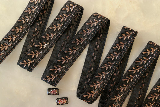 Black Net Sequin Embroidered Trim,Black Gold Net Border,Leaf Embroidery Lace,Indian Trim,Black Saree Border,Price/mtr