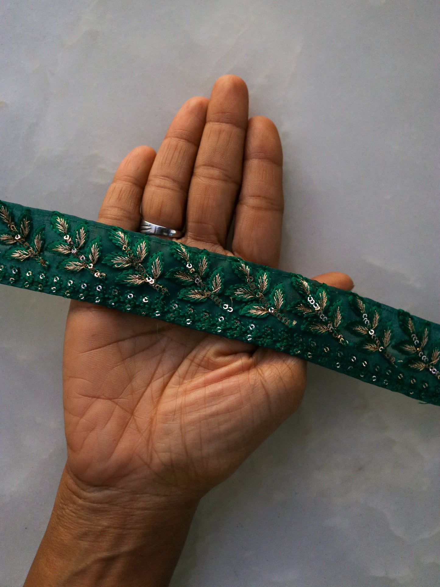 Green Net Sequin Embroidered Trim,Green Gold Net Border,Leaf Embroidery Lace,Indian Trim,Green Saree Border,Price/mtr