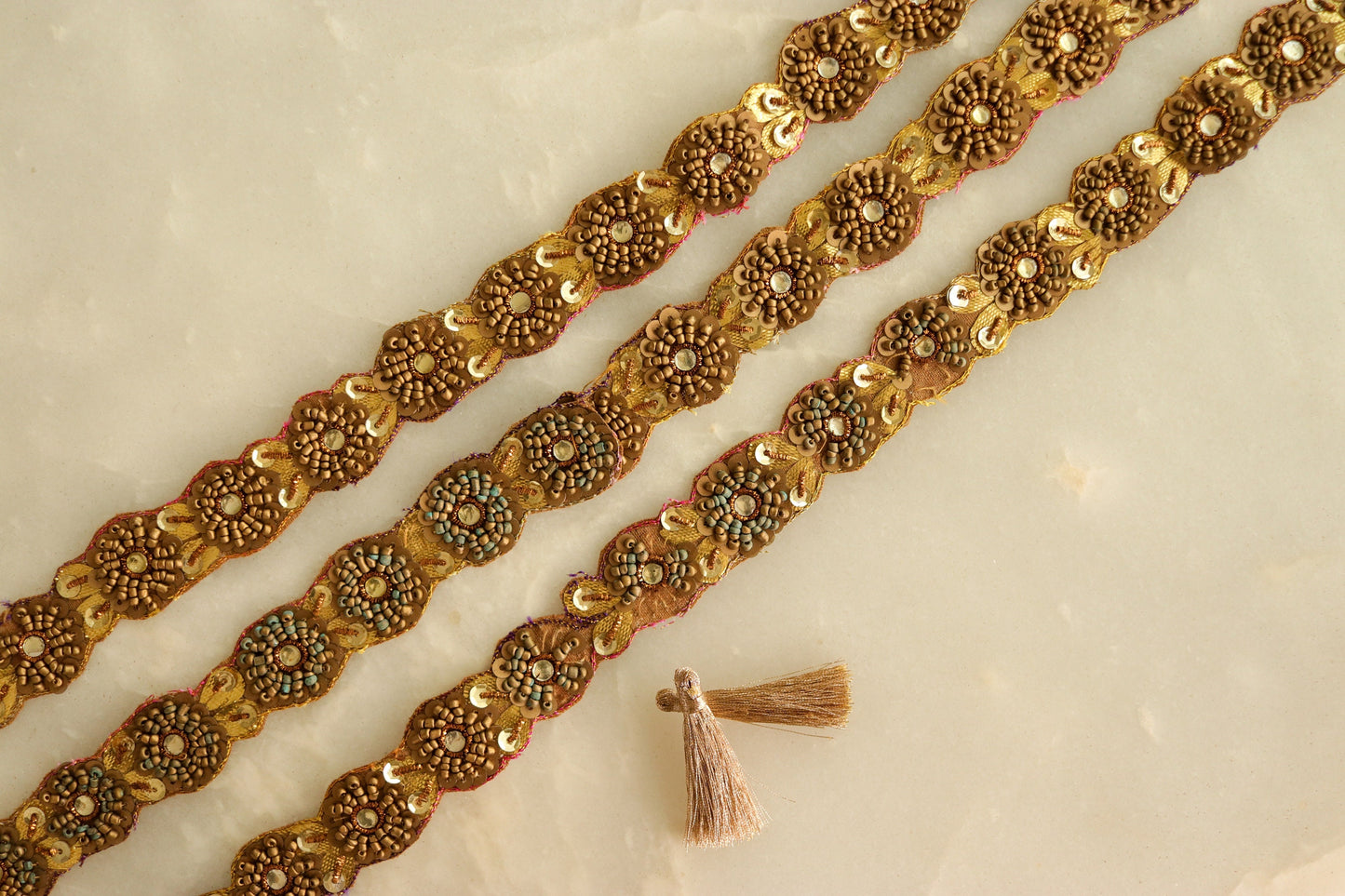 Vintage Gold Indian Embroidered Trim,Handmade Sequin Floral Border,Old Gold Lace,Bridal Saree Border,Designer Trim,Price/mtr