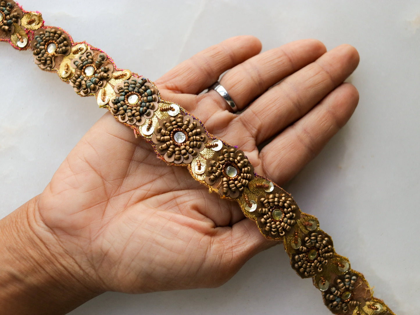 Vintage Gold Indian Embroidered Trim,Handmade Sequin Floral Border,Old Gold Lace,Bridal Saree Border,Designer Trim,Price/mtr