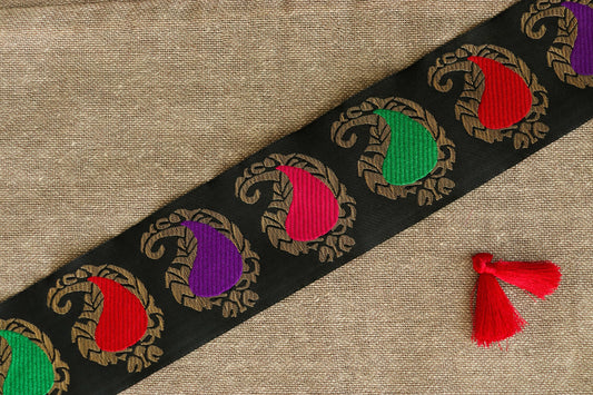 Black Gold Paisley Brocade Trim,Indian Brocade Border,Red Green Paisley Lace,Vintage Trim,Banarasi Saree Border,Price/mtr