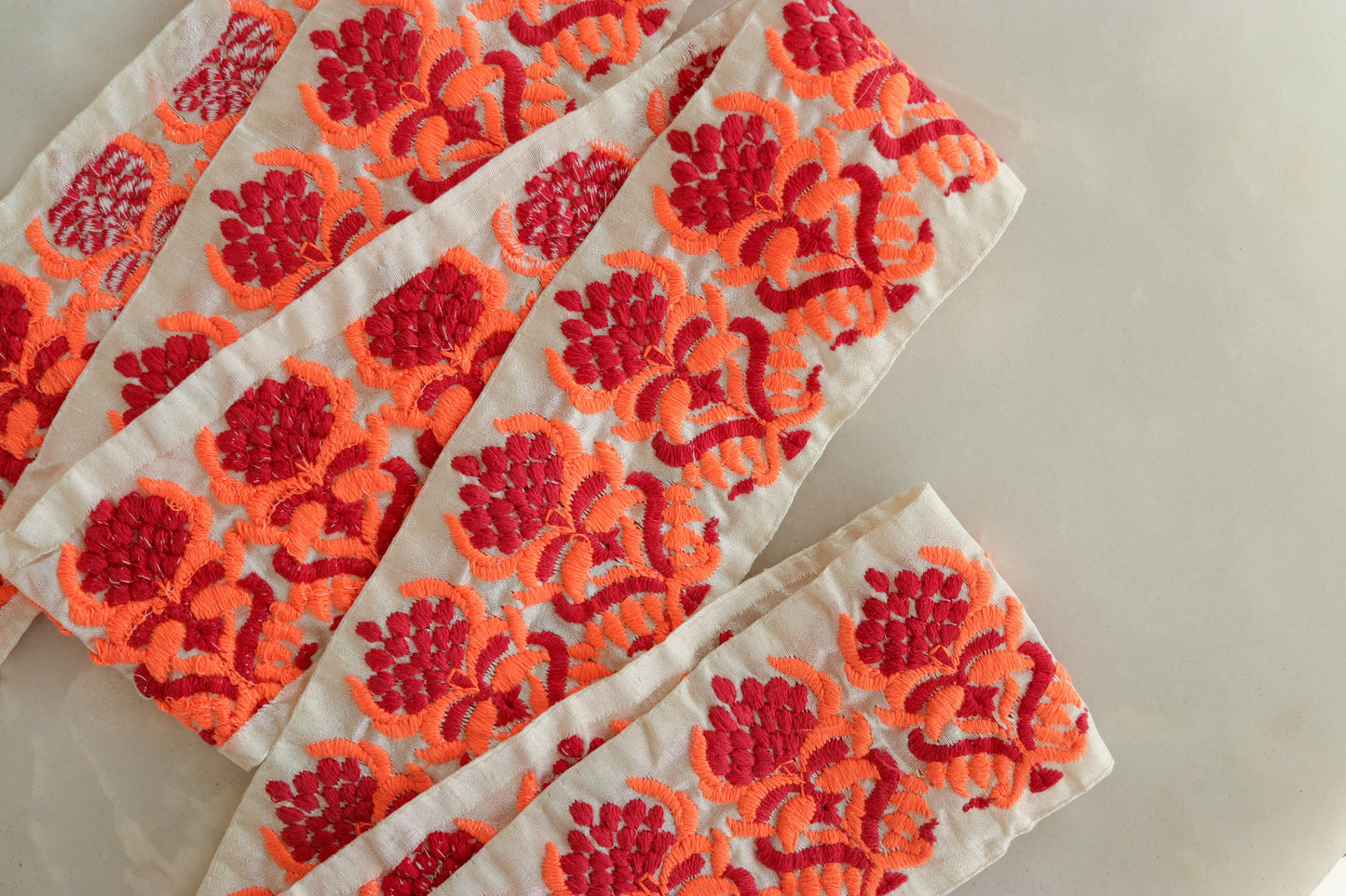 Orange White Floral Embroidered Trim,Indian Fabric Border,Floral Lace,Parsi Embroidery Border,White Saree Border,Price/mtr