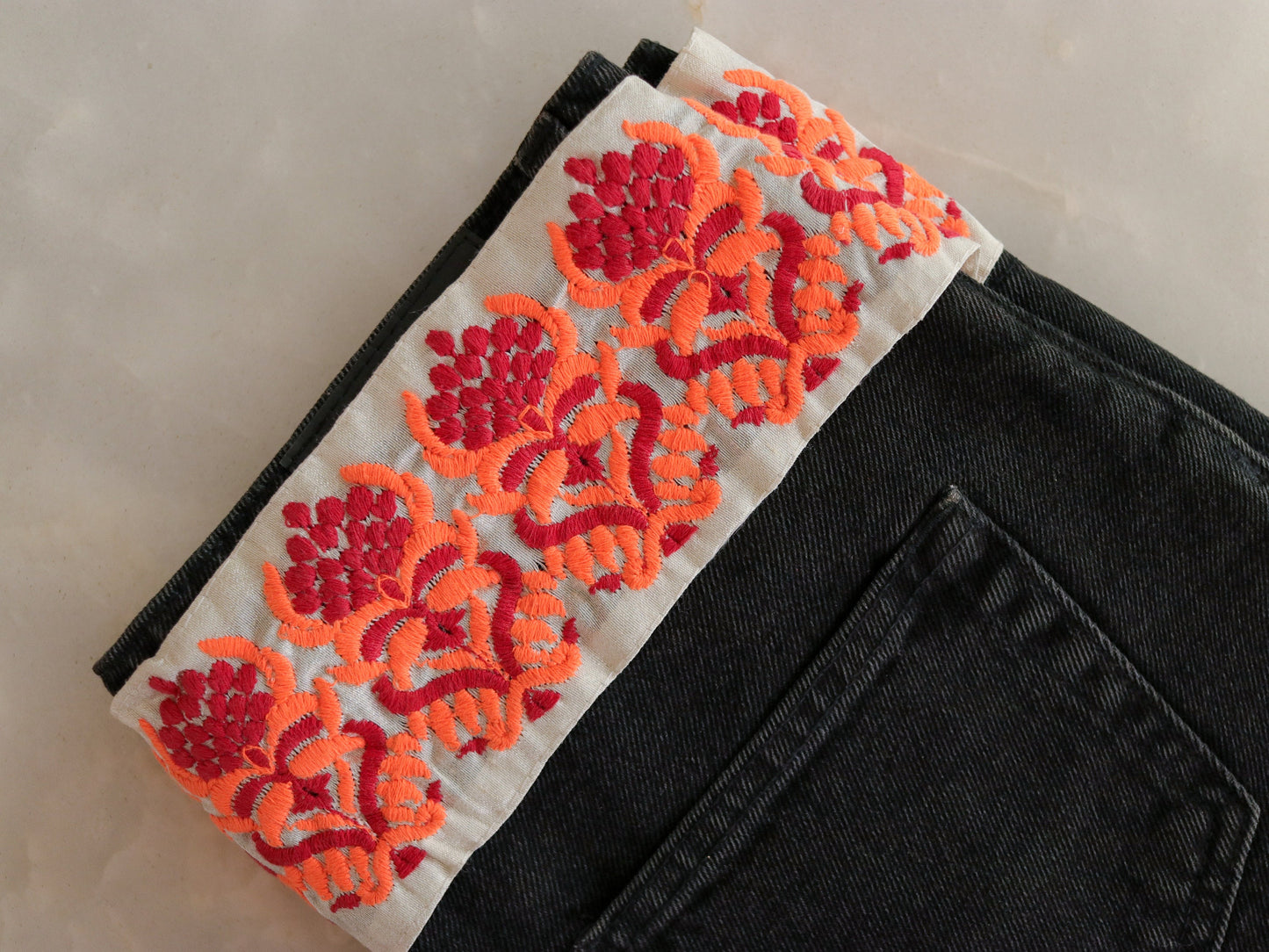 Orange White Floral Embroidered Trim,Indian Fabric Border,Floral Lace,Parsi Embroidery Border,White Saree Border,Price/mtr