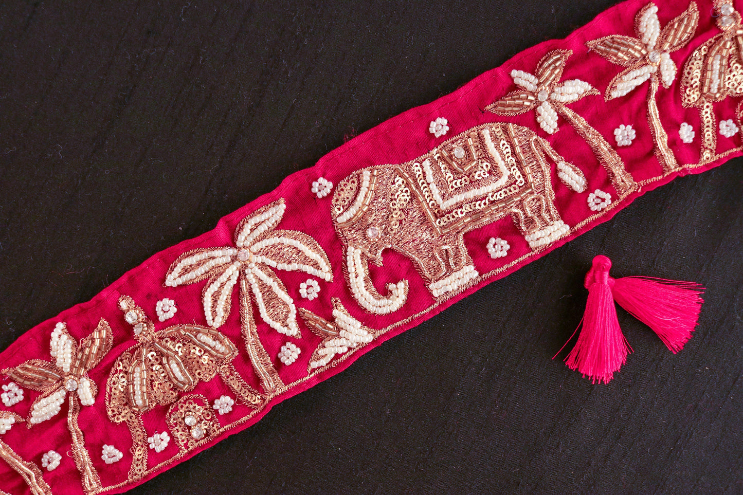 Red Gold Elephant Palace Trim,Red Embroidered Elephant Border,Pearl Elephant Lace,Royal Indian Designer Trim,Red Saree Border,Price/mtr