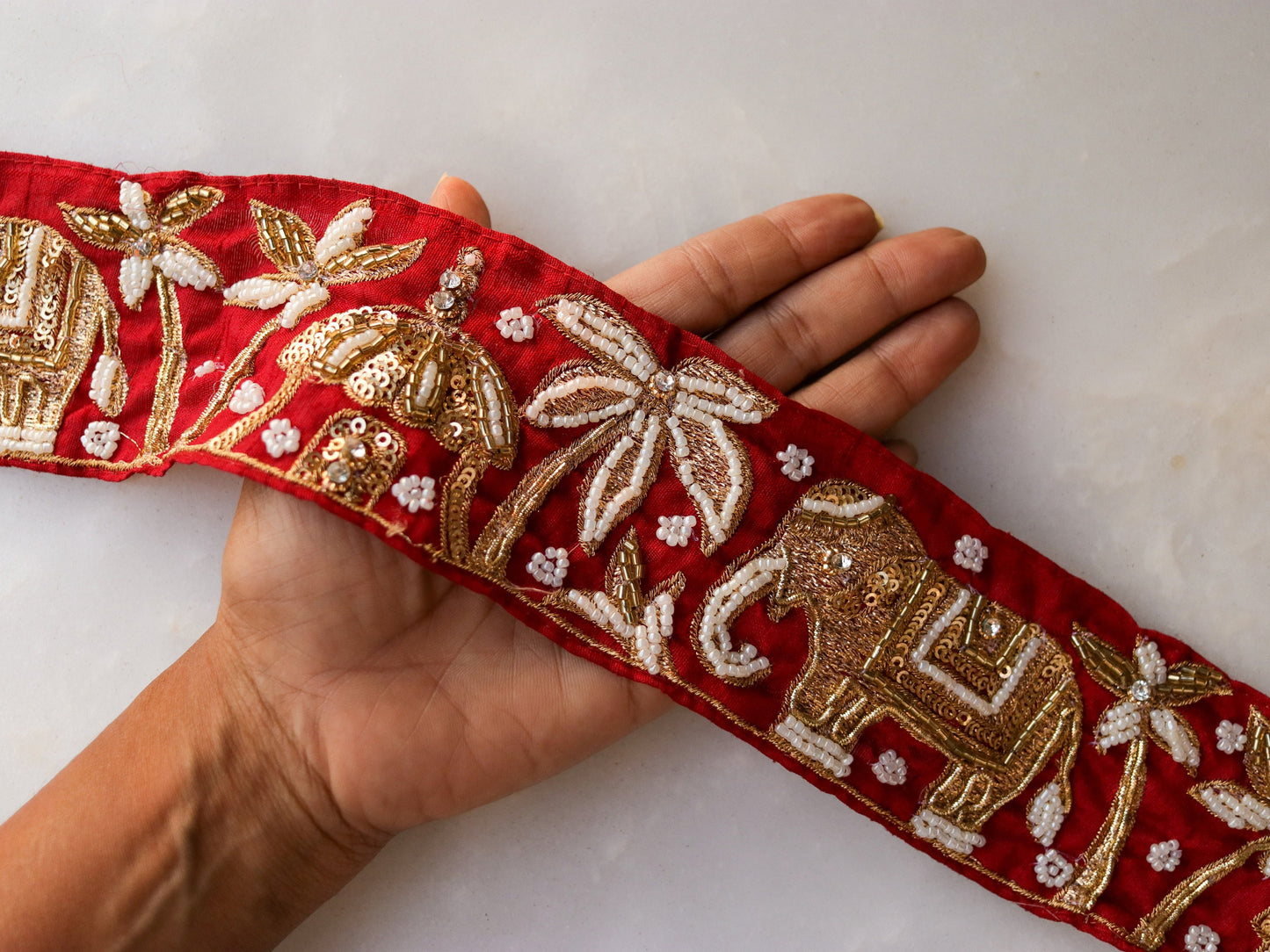 Red Gold Elephant Palace Trim,Red Embroidered Elephant Border,Pearl Elephant Lace,Royal Indian Designer Trim,Red Saree Border,Price/mtr