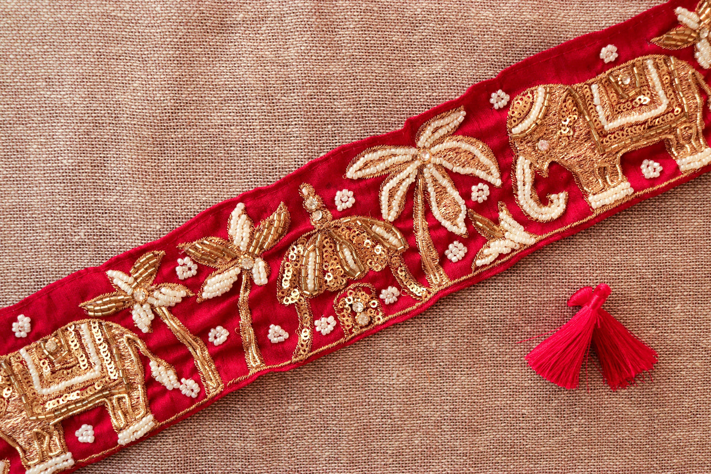 Red Gold Elephant Palace Trim,Red Embroidered Elephant Border,Pearl Elephant Lace,Royal Indian Designer Trim,Red Saree Border,Price/mtr