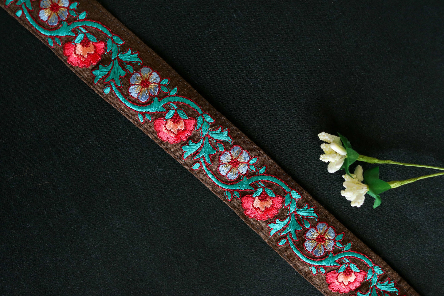 Brown Red Floral Embroidered Trim,Indian Fabric Border,Brown Teal Floral Lace,Parsi Embroidery Trim,Floral Saree Border,Price/mtr