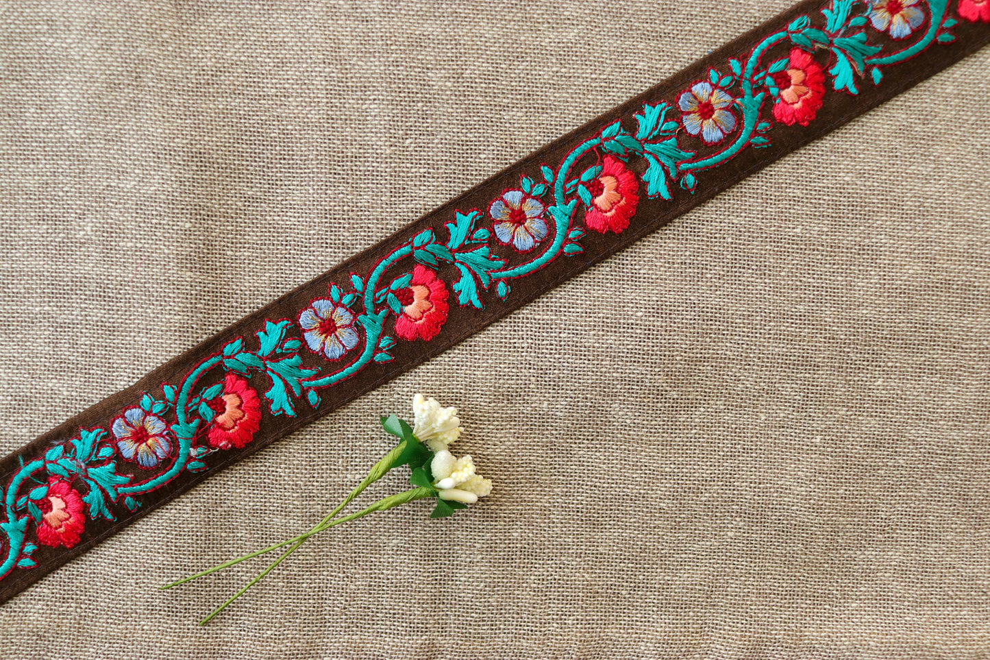 Brown Red Floral Embroidered Trim,Indian Fabric Border,Brown Teal Floral Lace,Parsi Embroidery Trim,Floral Saree Border,Price/mtr