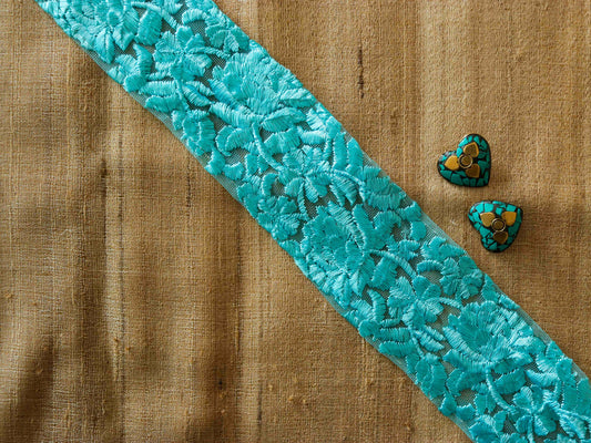 Blue Floral Self Embroidered Trim,Indian Fabric Net Embroidered Border,Blue Floral Lace,Blue Net Saree Border,Price/mtr