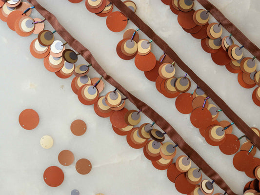 Brown Gold Coin Fringe Trim,Handmade Brown Sequin Border,Boho Brown Lace,Belly Dancing Trim,Coin Saree Border,Price/mtr