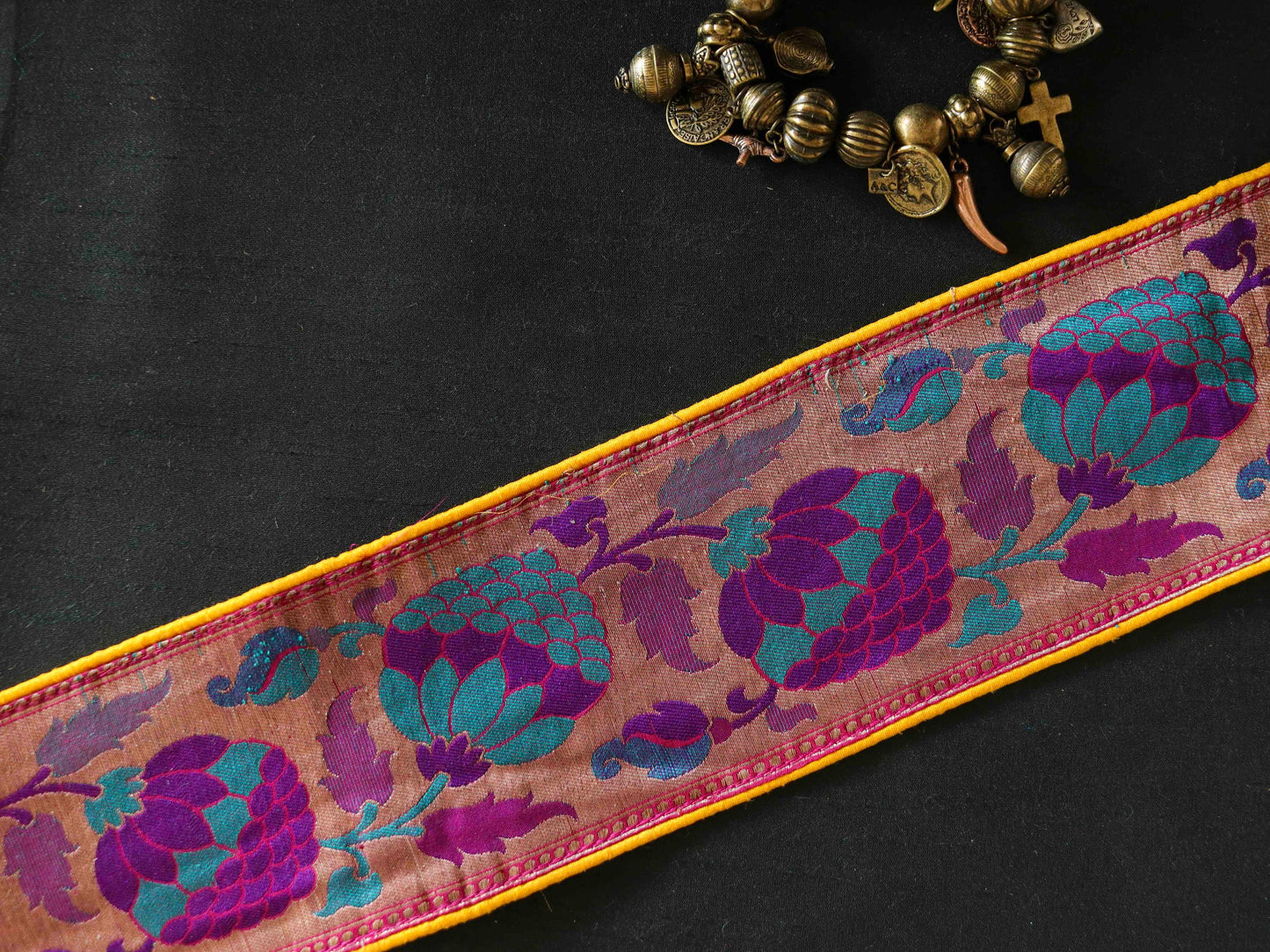 Purple Gold Floral Banarasi Trim,Brocade Border,Indian Brocade Lace,Banarasi Saree Border,Purple Bridal Trim,Price/mtr