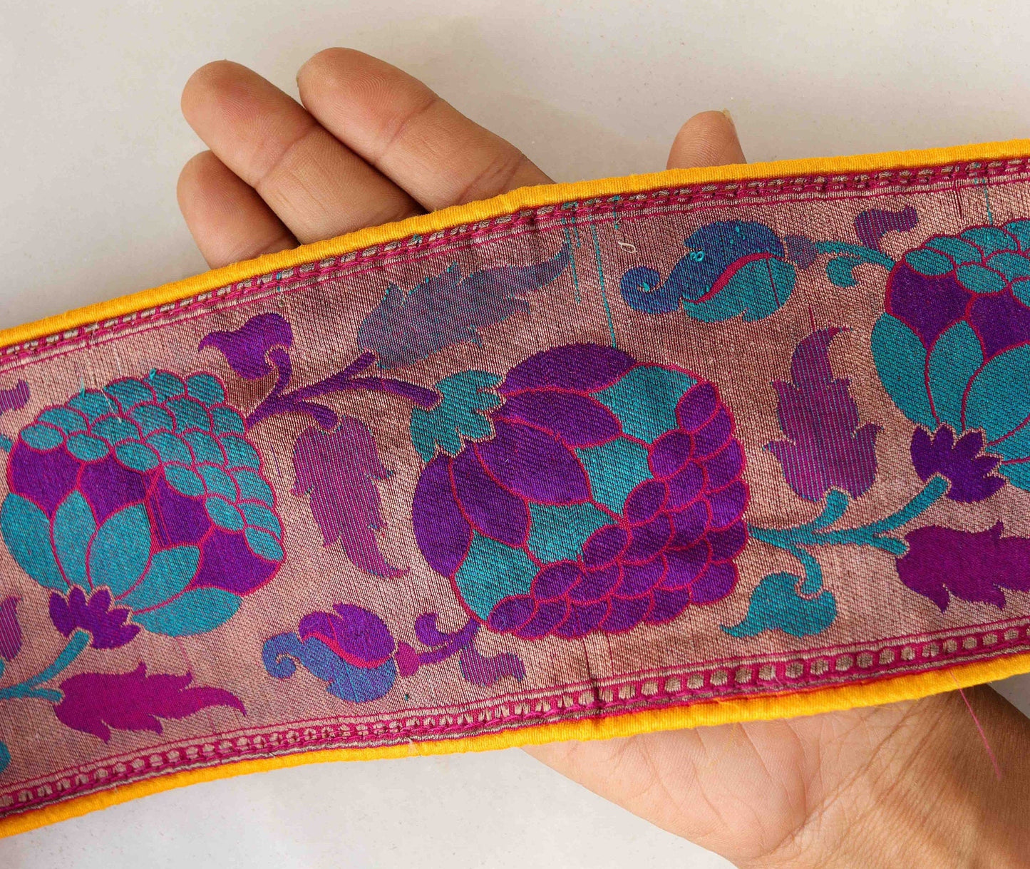 Purple Gold Floral Banarasi Trim,Brocade Border,Indian Brocade Lace,Banarasi Saree Border,Purple Bridal Trim,Price/mtr