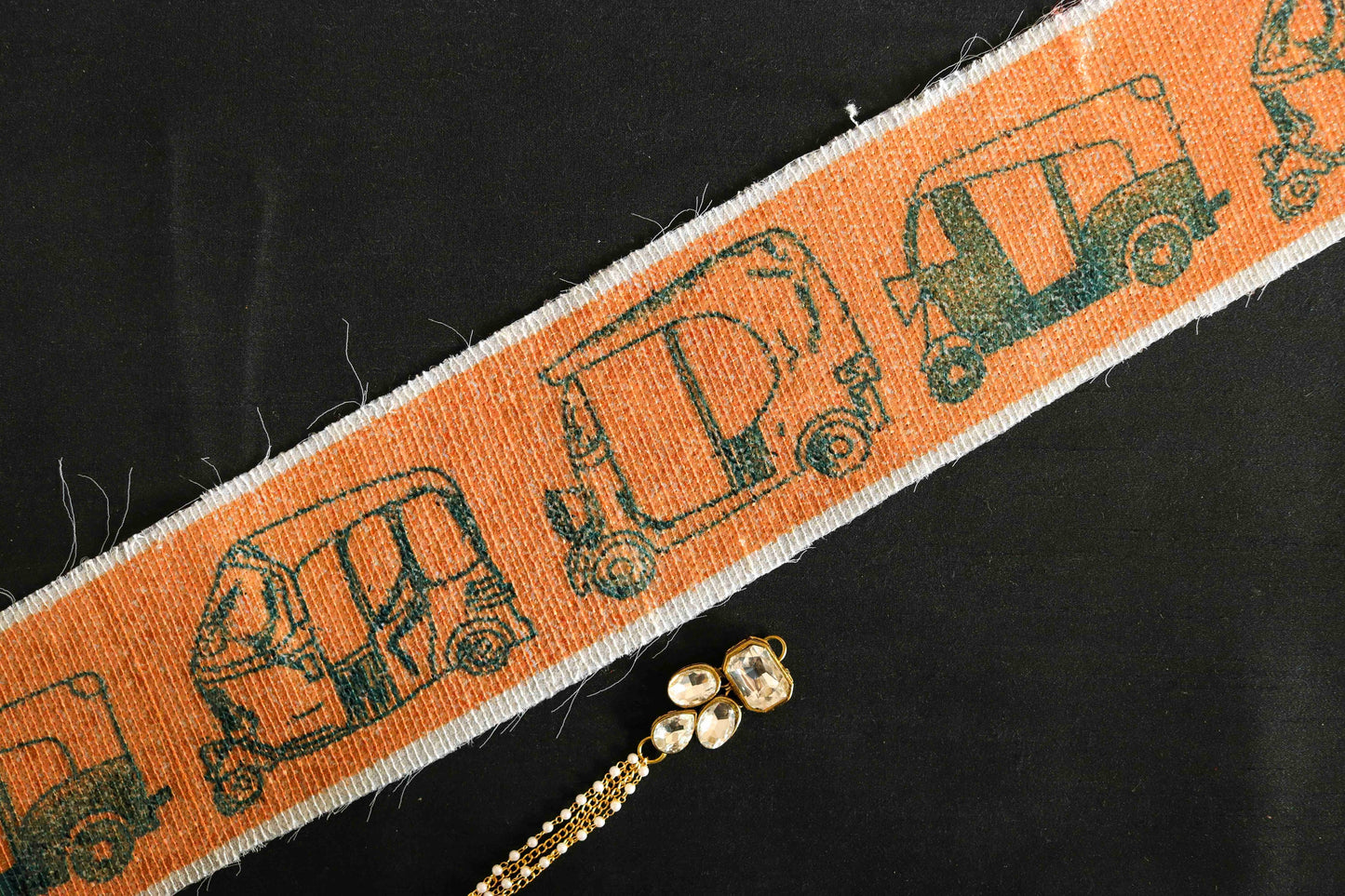 Orange Tuktuk Print Sequin Trim,Quirky Auto Border,Neon Sequin Embroidered Lace,Boho Vehicle Trim,Indian Designer Saree Border,Price/mtr