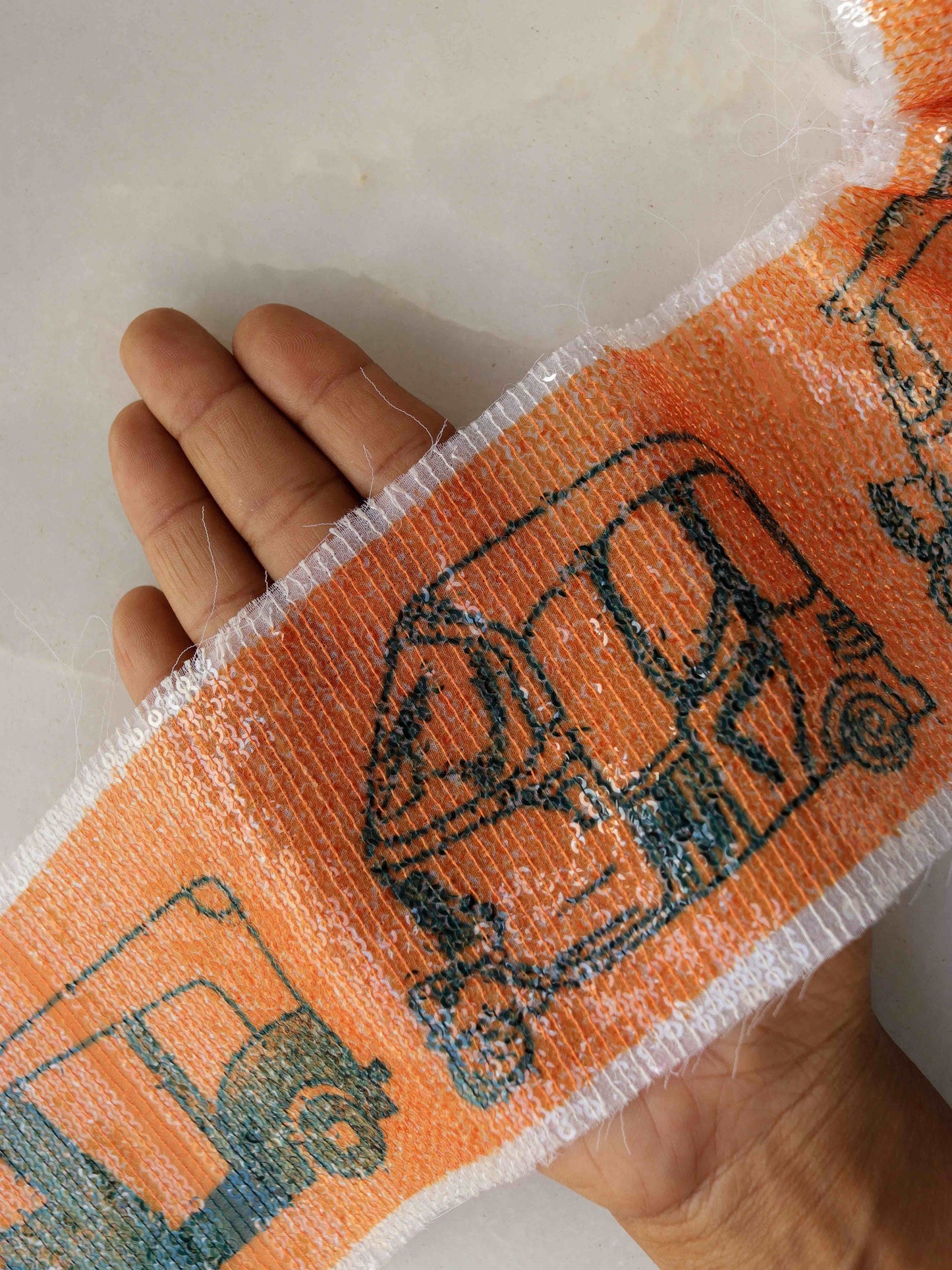Orange Tuktuk Print Sequin Trim,Quirky Auto Border,Neon Sequin Embroidered Lace,Boho Vehicle Trim,Indian Designer Saree Border,Price/mtr