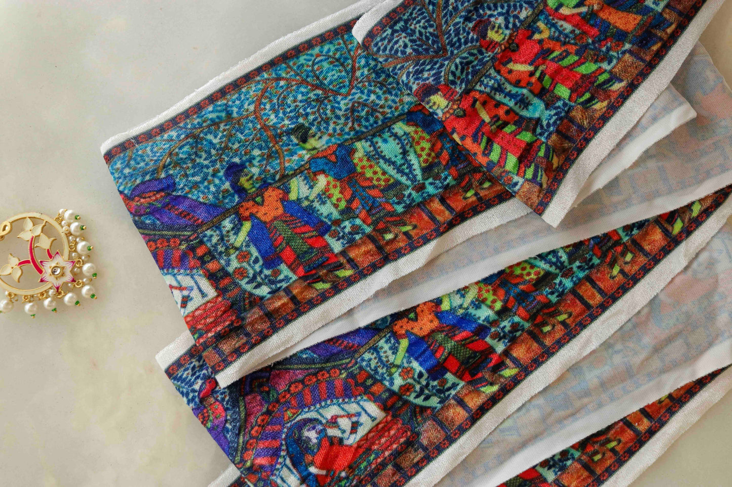 Wedding Procession Digital Print Trim, Blue Suede Indian Bride Border, Quirky Boho Digital Print Lace, Bridal Saree Border, Price/mtr