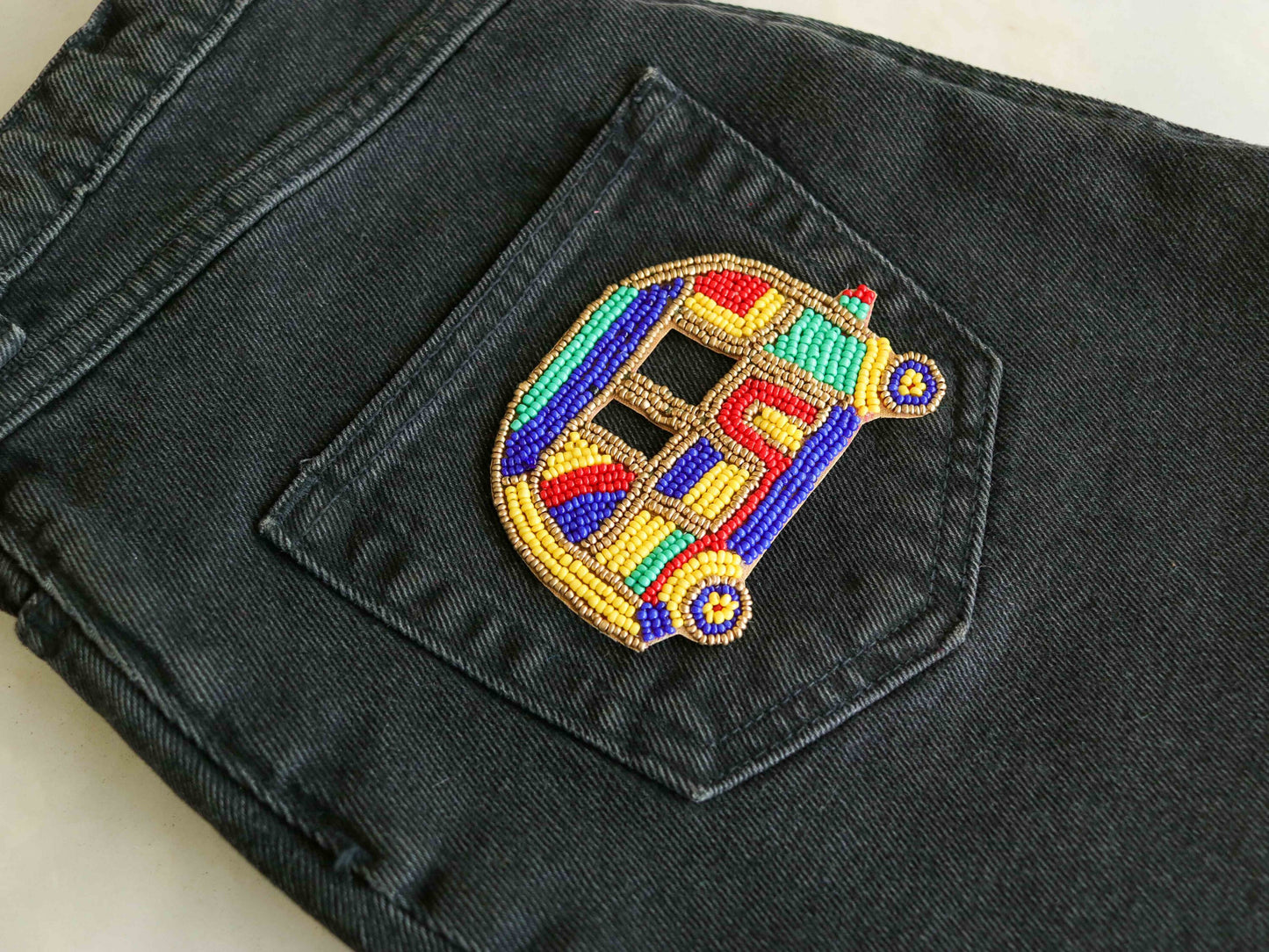 Quirky Multicolour Tuktuk beaded patch,Handmade Auto applique,Boho embroidered vehicle patch,Sew on DIY Patch