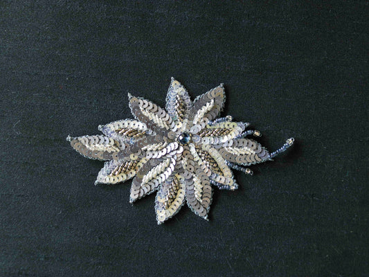 Grey Silver Floral Sequin patch,Handmade embroidered applique, Vintage Silver patch,Old Silver Applique,DIY Patch