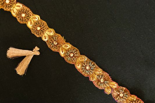 Vintage Gold Indian Embroidered Trim,Handmade Sequin Floral Border,Old Gold Lace,Bridal Saree Border,Designer Trim,Price/mtr